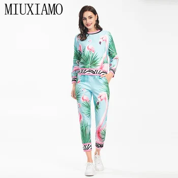 MIUXIMAO 2021 Toamna Femei Seturi de Imprimare cu Fermoar Top + Pantaloni Două Piese Complet Maneca Pasăre de Imprimare Rochie Office-Eleganta pentru Femei Costum