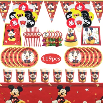 119pcs Roșu Mickey Mouse-Petrecere de Aniversare pentru Copii Provizii Plăci de Hârtie Cupe Șervețel Paie Baloane Decor Petrecere de Baieti Copil de Dus