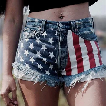Imbracaminte pentru femei de 4 iulie, Ziua Independenței Steagul American Star Ciucure Doamnă Fierbinte Sexy, pantaloni Scurți din Denim Fata Servitoare Navy Blue Jeans