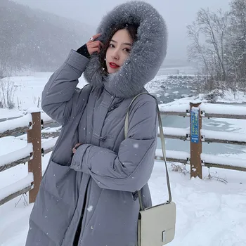 Alb Rață Jos Jacheta Femei din coreea de Iarna Noi Mare Blana naturala cu Gluga de Mijloc Și Lungă Peste Genunchi Moda Elegant Corn Solid Parker
