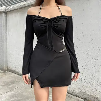 Șic Și Elegant Rochie Neagră Slash Gât Cu Lanțul Scurt Rochii De Moda Coreeană Streetwear Supradimensionate Femeie Haine Vestido Mujer