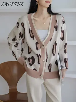 Toamna Leopard de Imprimare Cardigan Tricotate Set pentru Femei Pulover Epocă și Creion Pantaloni Costum de Iarnă Tricot Casual Sport 2 Bucata Set