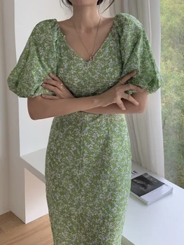 Elegant V Gâtului Lung Florale Șifon Rochie Femei 2022 Puff Maneca Stil Francez Slim Backless De Vacanță Sundress