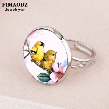 FIMAODZ Pasăre Frumoasă Floare de Artă Foto Inel Cherry Papagal Imagine Cabochon Sticla Reglabile Inele Bijuterii Accesorii