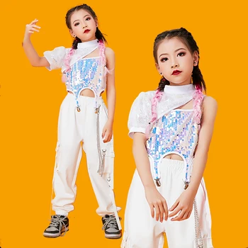 Copiii de Jazz de Performanță Costume Paiete Culturilor Topuri Pantaloni de Marfă Kpop Îmbrăcăminte Pentru Fete Sala de Dans Hip-Hop Haine DQS10658