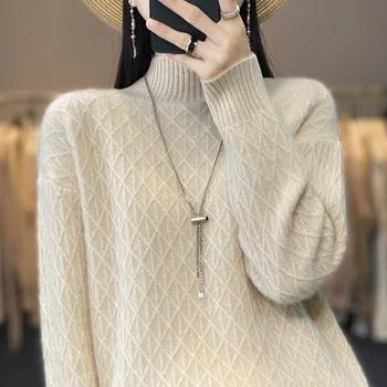 Toamna și iarna noi 100% lână pulover femei semi gât înalt diamant pulover vrac și versatil de tricotat strat de bază