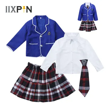 Set complet Uniformă Școlară pentru Fete Copii, Fusta cu Talie Inalta Tricou Haina Cravată Școlăriță Costume Etapă Elevii Haine Stil coreean
