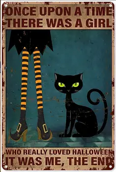 Vrăjitoare Fată Pisica Neagra de Halloween Poster după ce, La un Moment dat a existat O Fată Tin Semn Decor Vintage Chic Metal Poster de Perete Decor