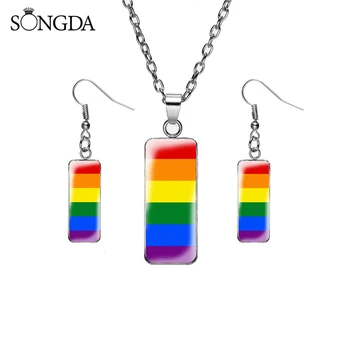 SONGDA-Lgbt Gay Pride Steaguri de Sticlă Colier Cercei Lor Pronumele Curcubeu Mândrie Steagul Foto Pandantiv de Sticlă Costum Set Pentru Femei