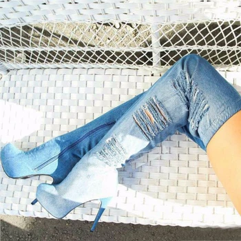 Fierbinte de Vânzare de Moda pentru Femei Rotund Deget de la picior Peste Genunchi cu Platforma Inalta Denim Cizme Cut-out Slim Stil Lungi cu Toc Jean Cizme
