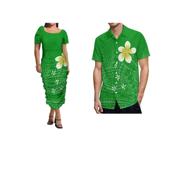 Verde En-Gros Personalizate Polineziene Rochii Tradiționale Samoa Puletasi Rid Rochie De Colocare Cămașă Bărbați Seturi De Cupluri