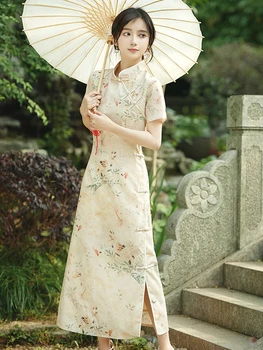 Vară nouă femei rochie stil Chinezesc retro palace jumătate de înaltă guler maneca scurta partea de fantă cheongsam imprimate rochie lunga