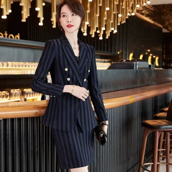 Toamna Formale Doamnelor Blue Stripe Blazer pentru Femei Costume de Afaceri cu Seturi de Uzura de Muncă de Birou Uniforme, de Mari Dimensiuni Fusta Jacheta de Primavara