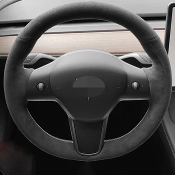 DIY de Mână-cusute de piele de Căprioară Negru Masina Capac Volan Pentru Tesla Model 3 2015-2020 Modelul Y 2019 2020