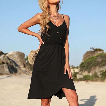Elegantă Rochie Neagră Sexy Moda Casual Backless Curea Solidă Rochie Mini Streetwear Vara Petrecere Pe Plajă Fără Mâneci Rochii Pentru Femei