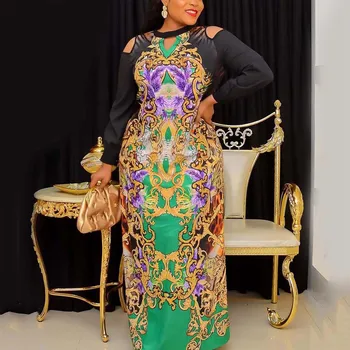 African Rochii Lungi pentru Femei Maxi Petrecere Tipărite Complet Maneca Talie Mare Etaj Lungime de Moda de Seara Elegante Noapte Vestidos