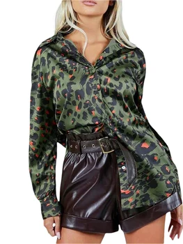 Moda pentru femei Tricou Lung Leopard de Imprimare Rever cu Maneci Lungi Buton-Up Bluza Vrac Topuri pentru Femei S-XXL