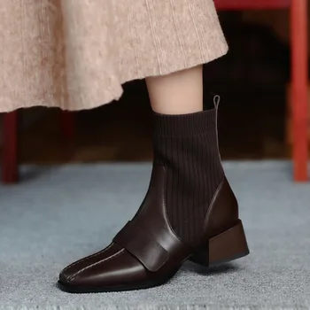 Glezna Cizme Pentru Femei Square Toe Pantofi De Moda De Pluș Cald Iarna, Ghete Cu Fermoar Toc Patrat Confortabil Doamna Shoeskl