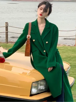 Femei Vintage Lungi De Lână Haina Cu Centura De Toamna Iarna Franceză Rever Uza Doamnă Elegant Dublu Rânduri Casual Streetwear