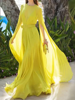 Rochie de femei 2022 noua moda doamnelor temperament sifon cu mâneci lungi leagăn mare curea lungă rochie galben