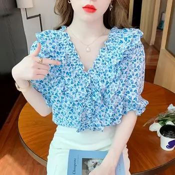Vest Bluza Femei V-neck Temperament Scurt, cu mâneci lungi de Top de Vară Dulce Imprimate Frunze de Lotus Bubble Sleeve Jersey Bluza Feminin
