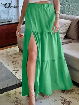 Celmia Moda Niveluri de Cusut Fuste Lungi pentru Femei Laterală Fantă Talie Mare Timp Jupes Femme O-linie Elegant Fusta Maxi Streetwear