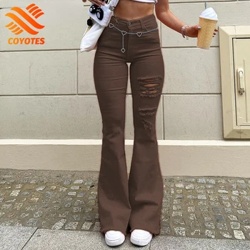 COIOȚII Streetwear Femei Blugi Rupti cu Talie Înaltă Elastic Flare Pantaloni din Denim Vara Harajuku Gol Afară coreean 90 Pantaloni
