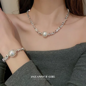 Argint Colier de Perle Geometrice Neregulate Bratara Sen Departamentul de Moda Temperament Clavicula Lanț pentru Femei Colier Versatil