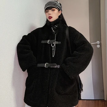 Harajuku Diablo Stil Negru Lambswool Femei Haine De Iarna Vintage Îngroșa Liber Scule Pu Lanț Jacheta Ține De Cald Haine De Bumbac