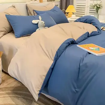 Stil Nordic simplu culoare solidă 4-bucata set moale spălat lenjerie de pat din bumbac plapuma acoperă pernă lenjerie de pat cameră dublă de acoperire 3-piece set