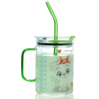 500MLChild Cafea cu Lapte Ceai Lapte o Cană de Sticlă Scară stil rezistente la Căldură, Animale de Desene animate Cupe de Sticlă Calde Băuturi Reci Capac paie