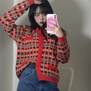 Stil Coreean Carouri Pulover Cardigan Pentru Femei De Culoare De Contrast Singur Pieptul Cu Maneci Lungi Imprimate Pulover Tricotat Femeie Haina Scurta