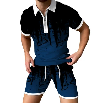 Tricou Polo pentru Bărbați Seturi de Vară Casual Sport 2 Bucata Set de Fitness de Funcționare 3D de Imprimare Tricou cu Fermoar pantaloni Scurți Îmbrăcăminte Poleras De Hombre
