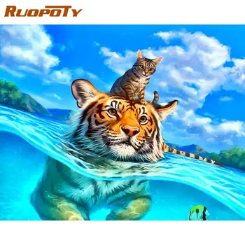 RUOPOTY Interior Tablou de numere Pentru Adulți Animale de Imagine de Desen Tigru Înot DIY Vopsea de numere opera de Arta decor Acasă