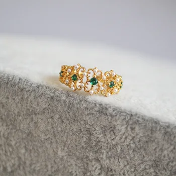 Vintage antic curtea stil fagure de miere dantela verde bijuterie de piatra pearl inel de femei de aur gol flori degetul arătător ring