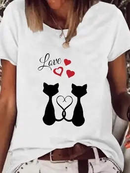 Maneca scurta, Haine de Imprimare T Tricoul Basic Tee pentru Femei Îmbrăcăminte de Modă Pisica Dragoste Valentine Trend Grafic T-shirt de Vară Kawaii Sus