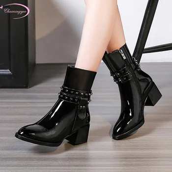 European stil de stradă vaca de brevete din piele glezna cizme nit cu fermoar oglindă negru toc gros cizme motocicleta pantofi pentru femei