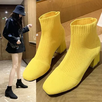 Glezna ciorap întinde cizme de designer cu talpi groase cu talpi groase cizme de zapada 2022 iarna noi moda cald mid-toc tricotate Chelsea femei