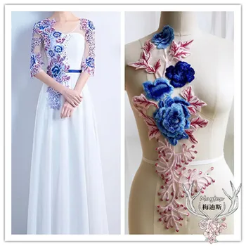 1 buc trandafir albastru 3D broderie Dantelă tesatura Paiete DANTELĂ decalcomanii Aplicatiile de flori pentru DIY rochie de Mireasa rochie lunga