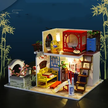Noi DIY din Lemn, Păpuși Miniaturale de Mobilier Cu LED, Kituri de Case Papusa Asambla Jucării Educative pentru Copii Cadou de Casa en-Gros