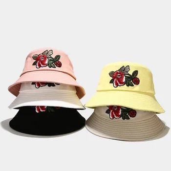 Noua Moda Găleată Pălării Pentru Femei 3D Bujor Flori Brodate Vara Pălării Pălării Chapeau Pescar Cap De Pescador Gorro