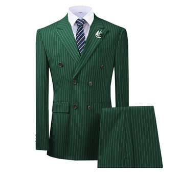 2020 Nou Aririval de culoare Verde Închis Bărbați costum 2 Piese cu Dungi Crestate Rever Costume Slim Fit Groomman pentru Nunta（Sacou+pantaloni）