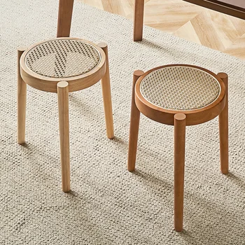 Nordic masiv din lemn de rattan țesute scaun rotund Casual, de uz casnic scaun mic lux Lumina rattan țesute bancă mică pentru stivuire pantofi