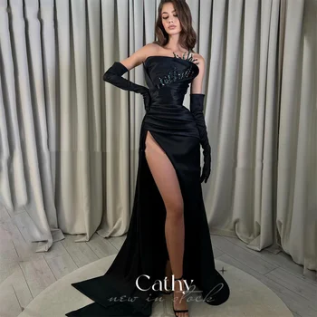 Cathy Mătase Satin Negru Sirena la Bal Sexy Negru Trompeta вечернее платье люкс 2023 Elegant Fishitail فستان سهرة Cu Manusa
