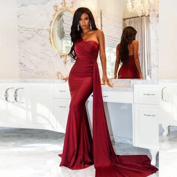 Sexy De Culoare Roșu Închis Seara Rochii De Partid 2021 Iubita Un Umăr Lung Formale Rochii De Bal Arabă Plus Dimensiune Vestido De Fiesta
