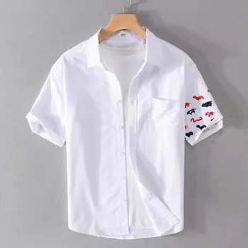 TB THOM Men ' s Cămașă 2022 Moda de Vara Animale Broderie Design Bluza Bumbac Oxford Liber Casual cu Maneci Scurte Rever Tricouri