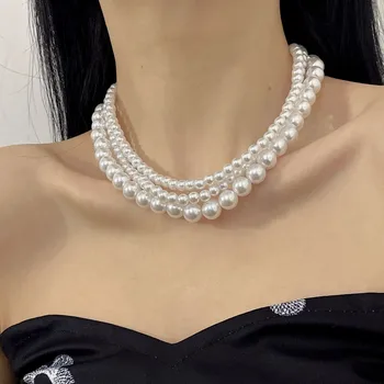Gotic Simulate Perla Colier Pentru Femei Margele Rotunde Cravată Coliere Multi-strat Lanț de Bijuterii Cadou Guler