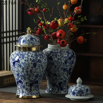 Fluture Model Ghimbir Borcan de Ceai Colectorului Bomboane Vase de Porțelan Albastru și Alb de Stocare Borcan Birou Aranjament de Flori Decor