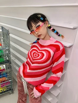 Primăvară Epocă Fata Fierbinte Roșu în Formă de Inimă Pulovere Femei O-gât Y2K Roz Punk Harajuku Inima Dezbrăcat Femei Pulovere