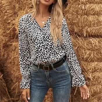 Femei Leopard Imprimate Tricou Topuri Casual V Gatului Maneca Lunga Butonul De Jos Bluze Largi Primavara Toamna De Moda Munca De Birou Bluza